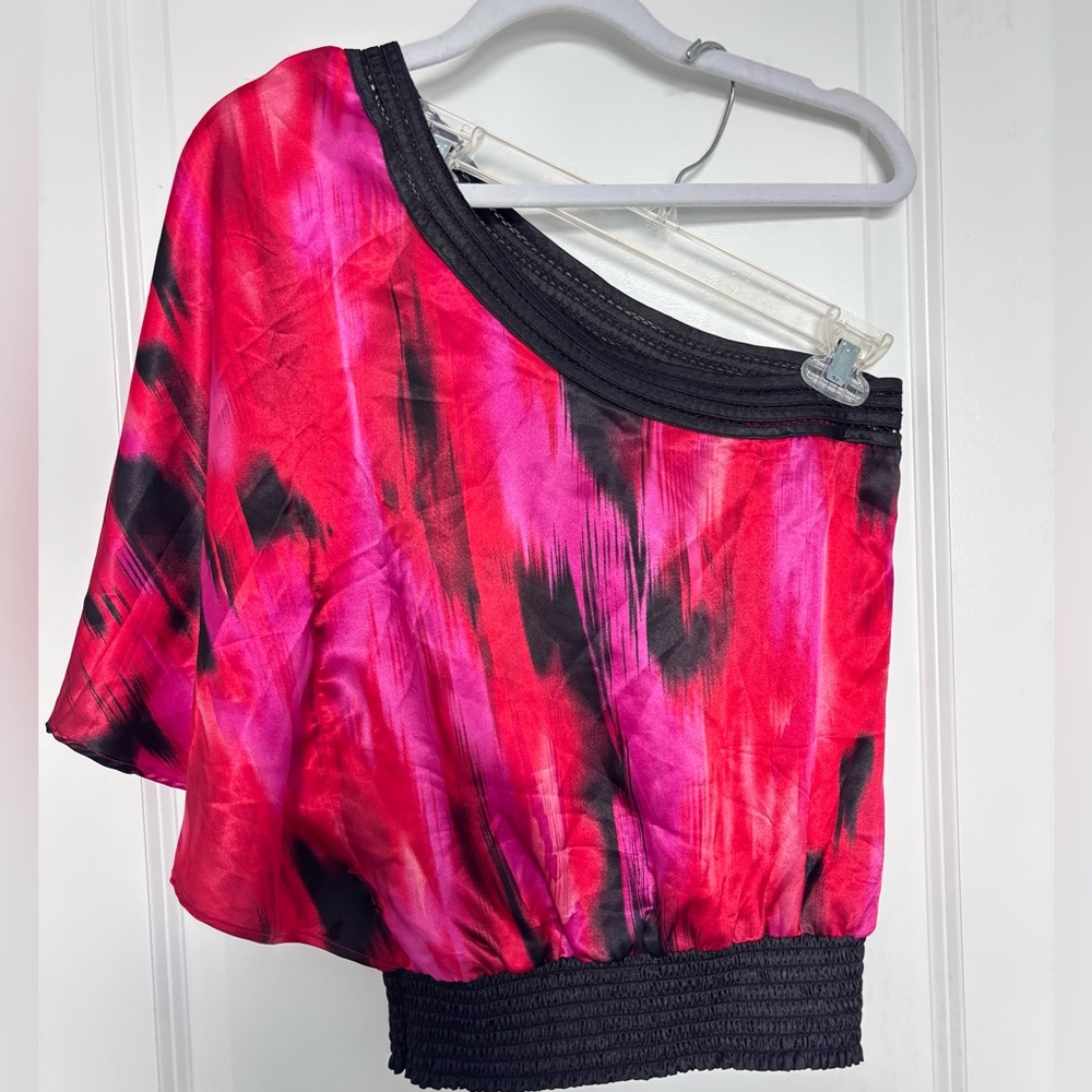 Y2K Bebe One Shoulder Top Pink Black Satin 2000s Going Out XS Barbiecore